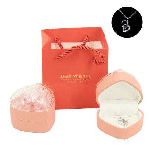 Rosa eterna con collar, caja rosa claro
