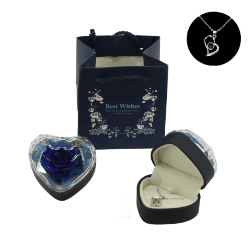 Collar y rosa preservada en caja azul