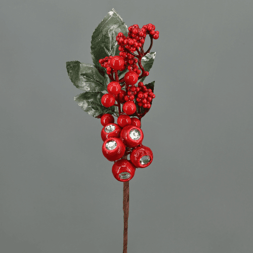 Branche Baies Noël Rouge 34 cm, Fleur artificielle de 34 cm de long, lot de 12 unités