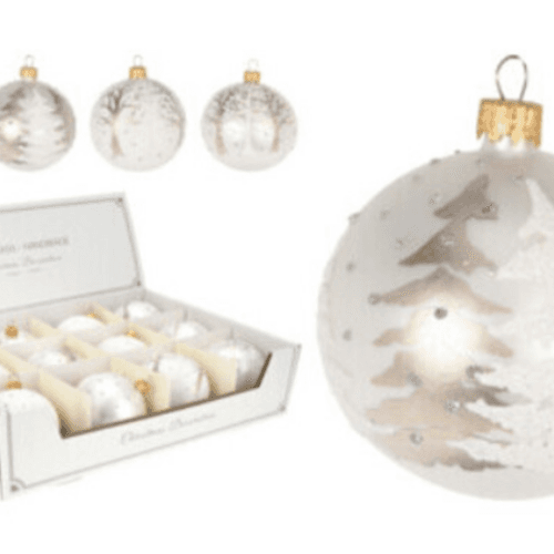 Bolas de Navidad con árboles blancas, 8 cm (12 uds)