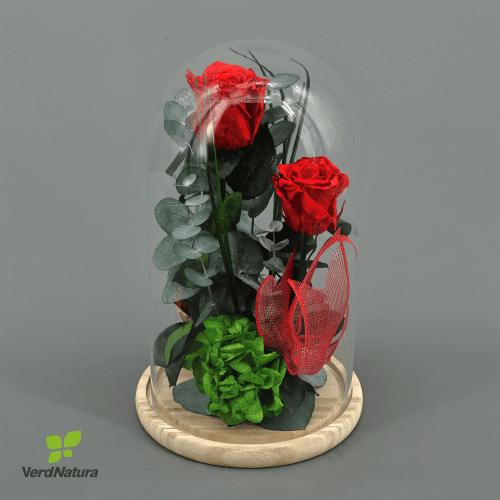 Cúpula floral com duas rosas vermelhas Rojo, 30 cm
