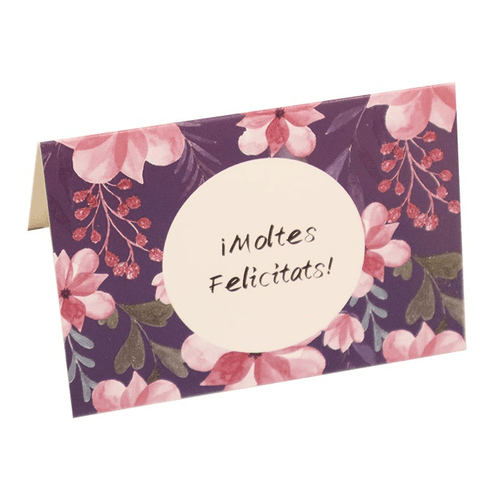 Pack de 5 targetes Moltes Felicitats morades 10 x 7 cm, 10 x 7 cm