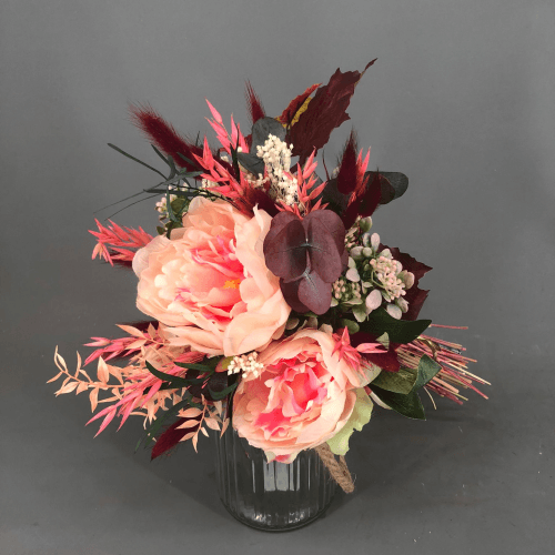 Ram artificial de peònies amb gerro de cristall, Flor artificial de 35 cm de llarg