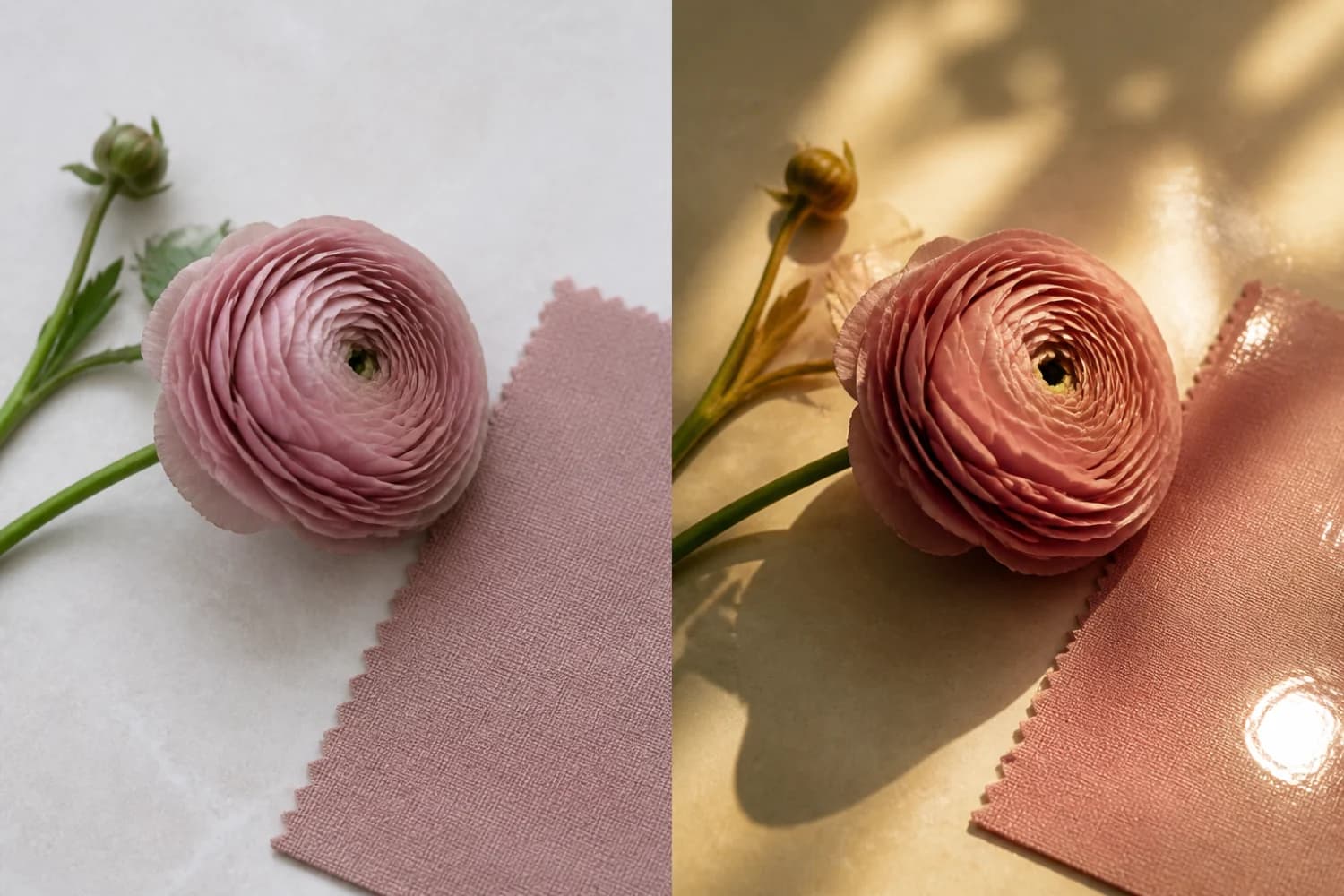 La même fleur rose et le même tissu photographiés en lumière neutre à gauche et sous une lumière jaune avec ombre et reflet à droite