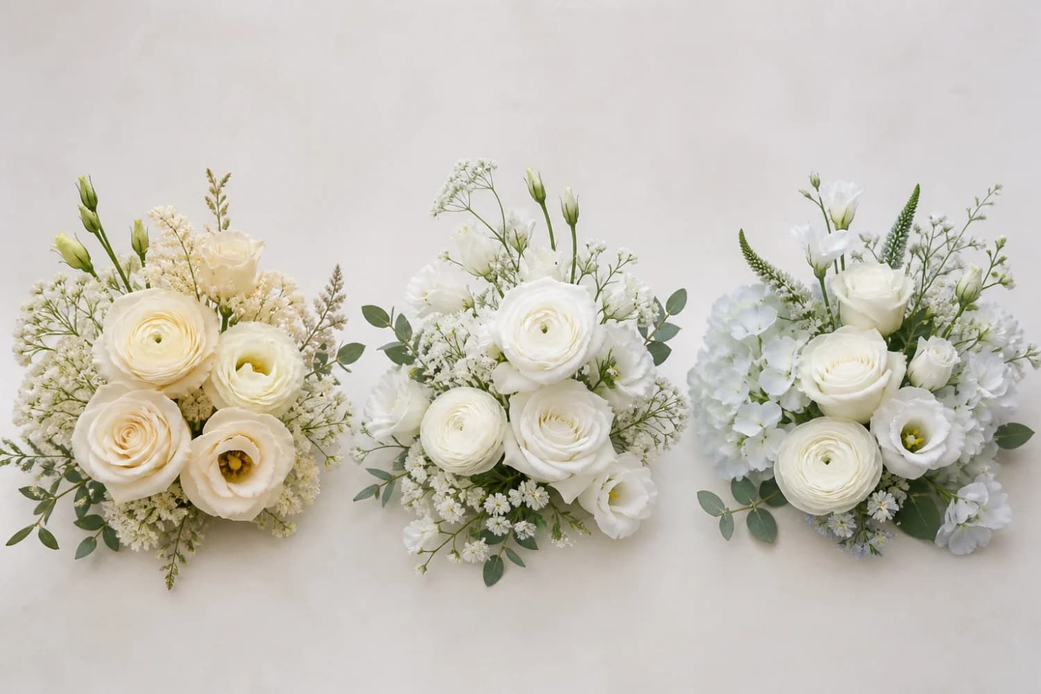 Trois groupes de fleurs blanches comparés : ivoire chaud, blanc neutre et blanc froid légèrement bleuté
