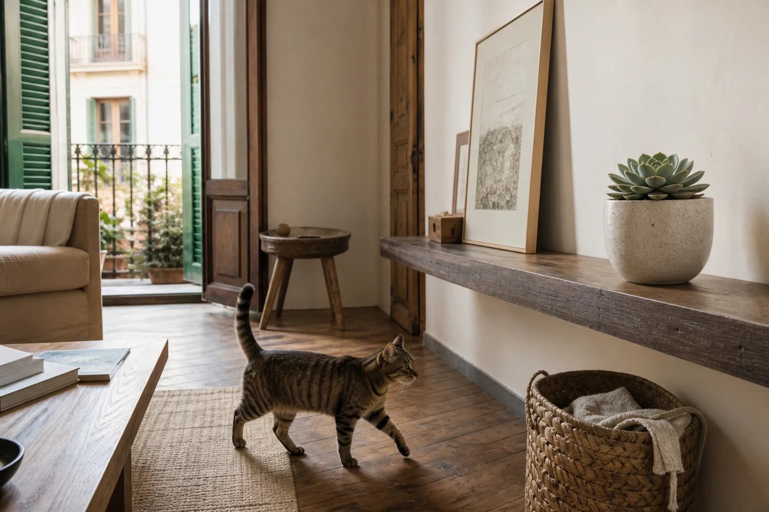 Echeveria numa prateleira larga e estável enquanto um gato circula livremente pelo chão