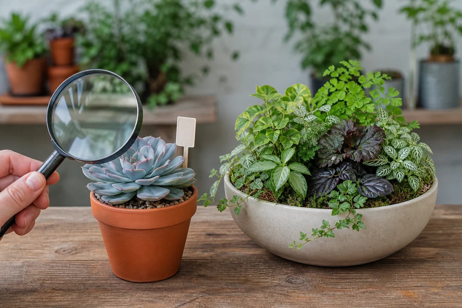 Uma echeveria individual com etiqueta botânica diante de um vaso misto de plantas não identificadas