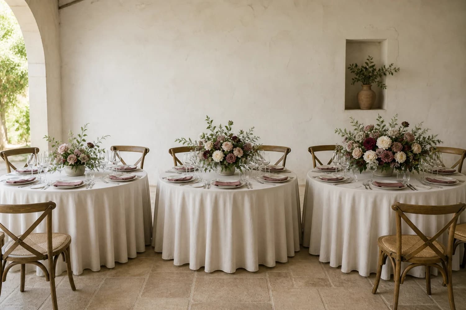 Tres taules de casament iguals amb arranjaments florals de densitat lleugera, mitjana i generosa