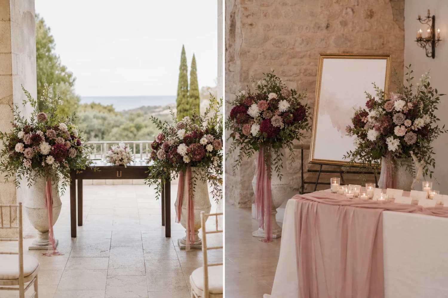 As mesmas peças florais deslocadas de uma cerimónia de casamento para a mesa da receção