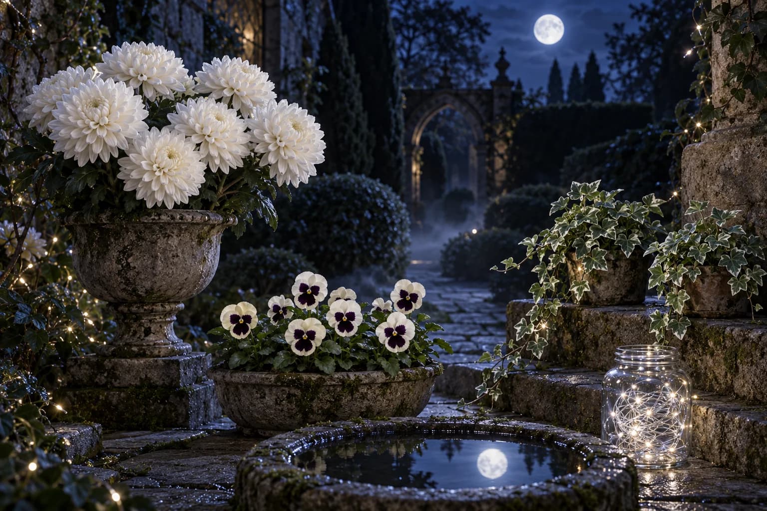 Jardín nocturno bajo la luna con crisantemos Superbowl blancos en una urna, pensamientos blancos de centro morado, hiedra White Wonder de borde crema, un tarro de pequeños LED blancos y una pila con el reflejo de la luna.