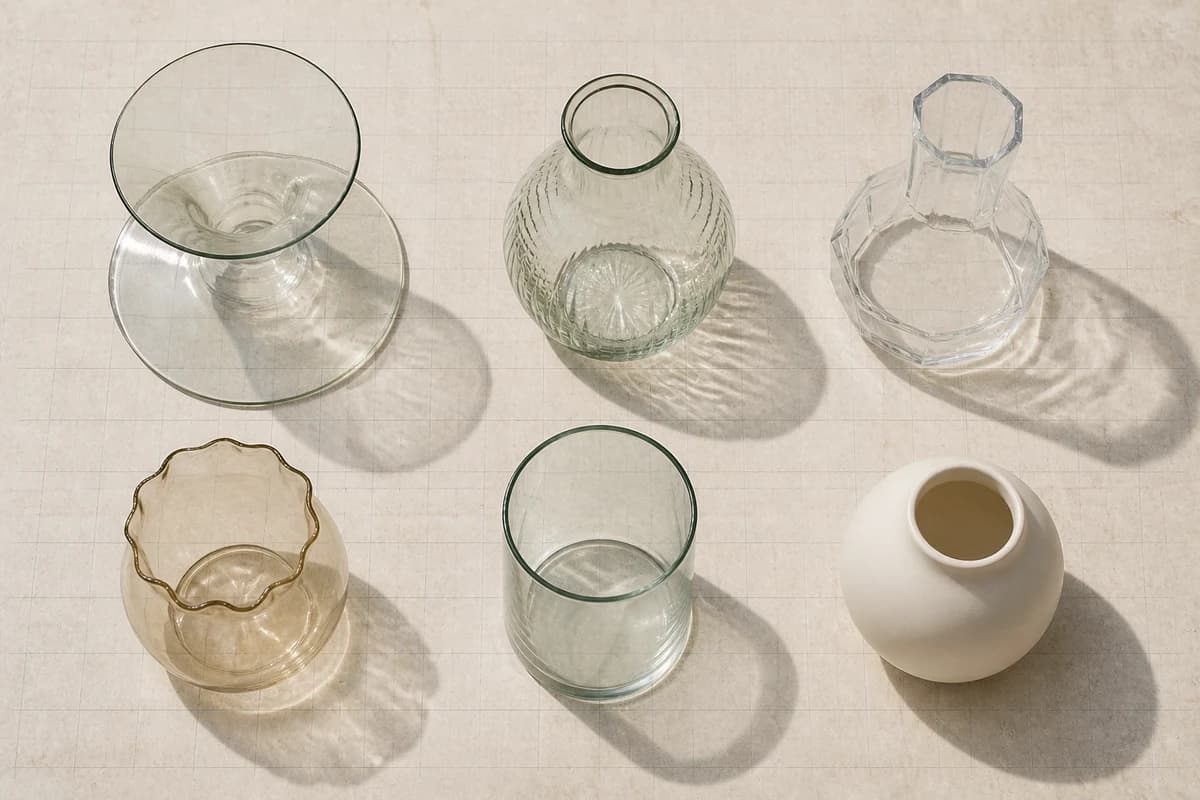 Vue zénithale didactique de vases aux cols et bases de diamètres différents sur une grille