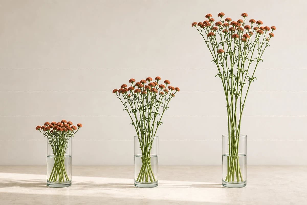 Três jarras iguais com as mesmas flores cortadas a comprimentos diferentes