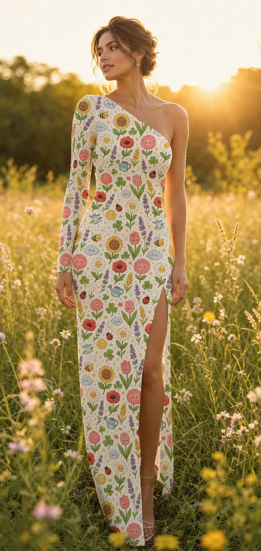 Vestido longo dun ombro «Campo na Primavera»