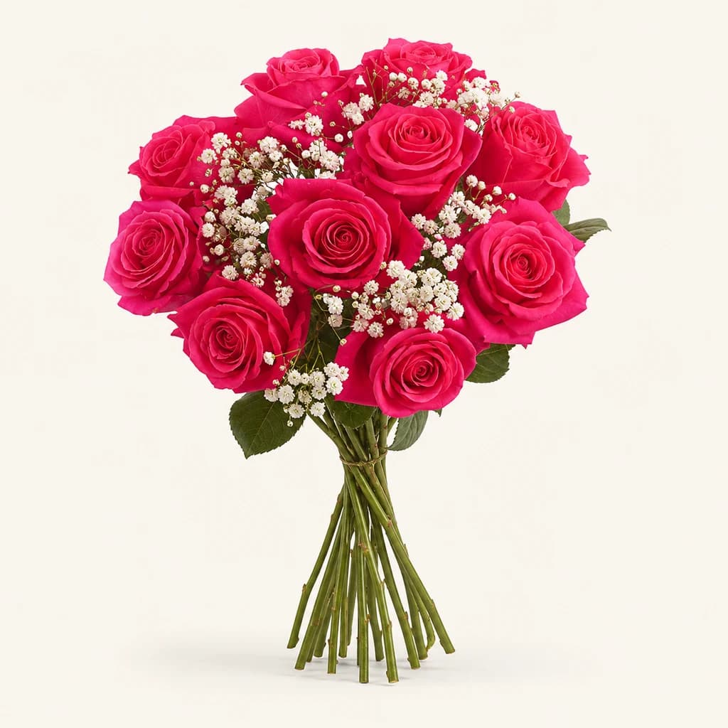 Bouquet de 14 roses fuchsia de 50 cm (Rosa)