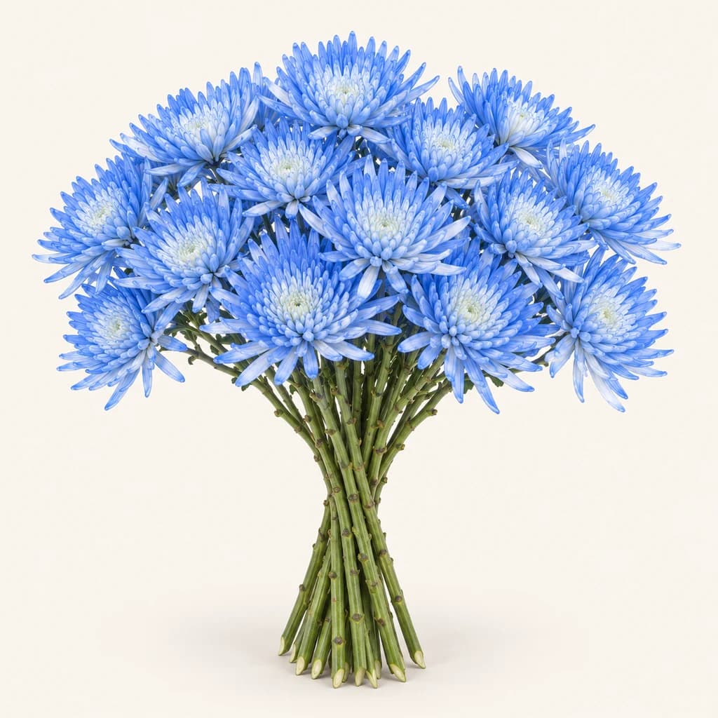 Ramo de 20 crisântemos aranha azul pastel tingidos (Chrysanthemum spp.)