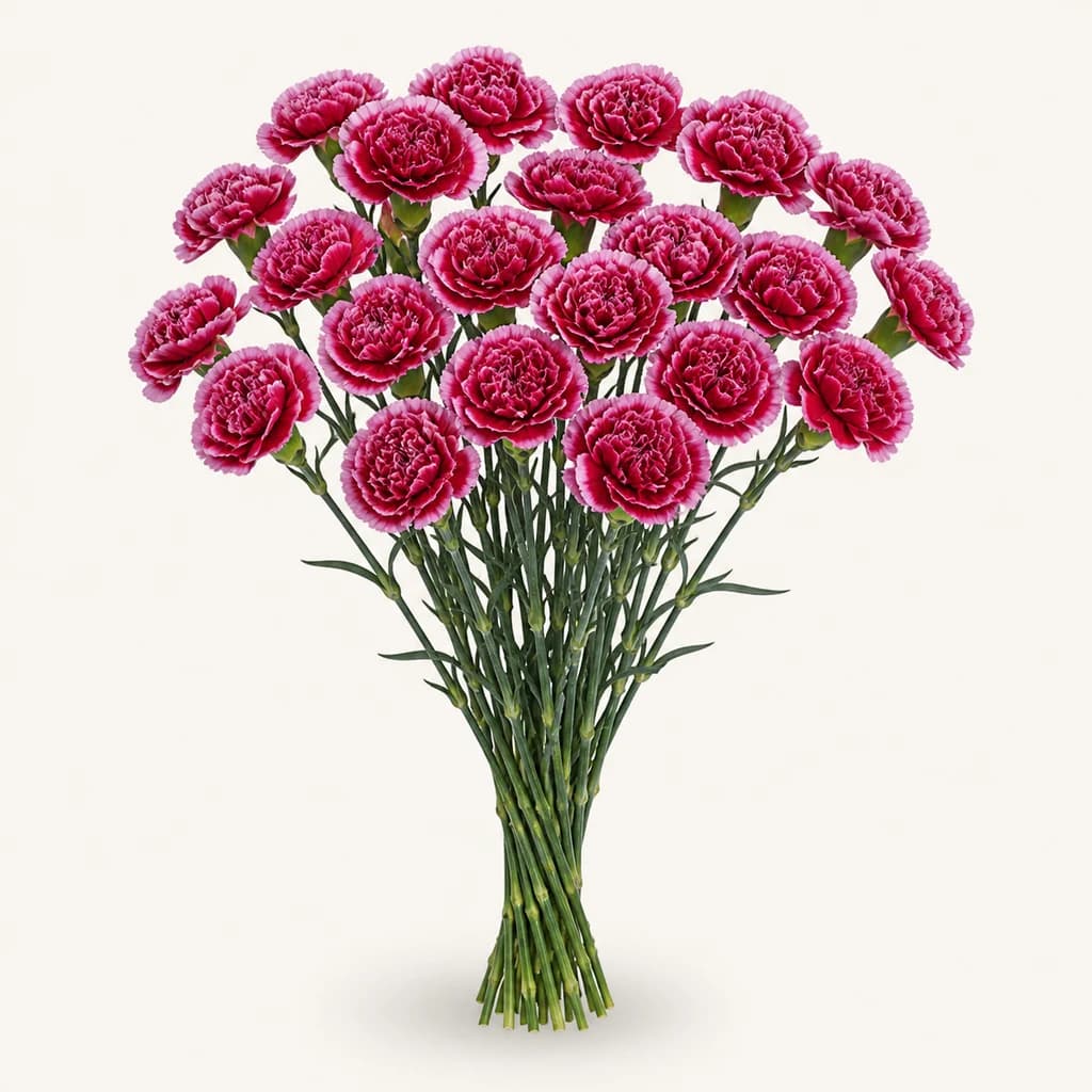 Ramo de 20 claveles mini (Dianthus) Charmant burdeos y rosa