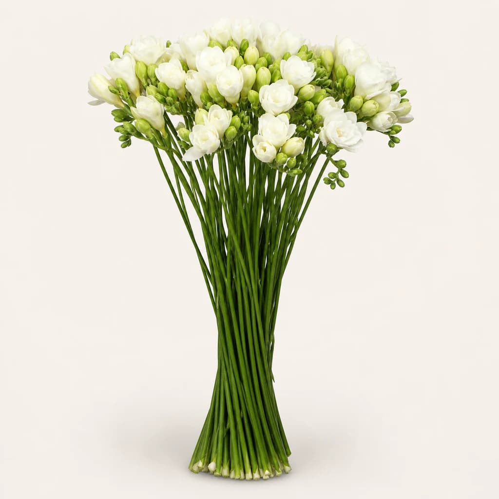 Ramo de Freesia x hybrida (fresia) dobre Volante branca, lote de 50 talos