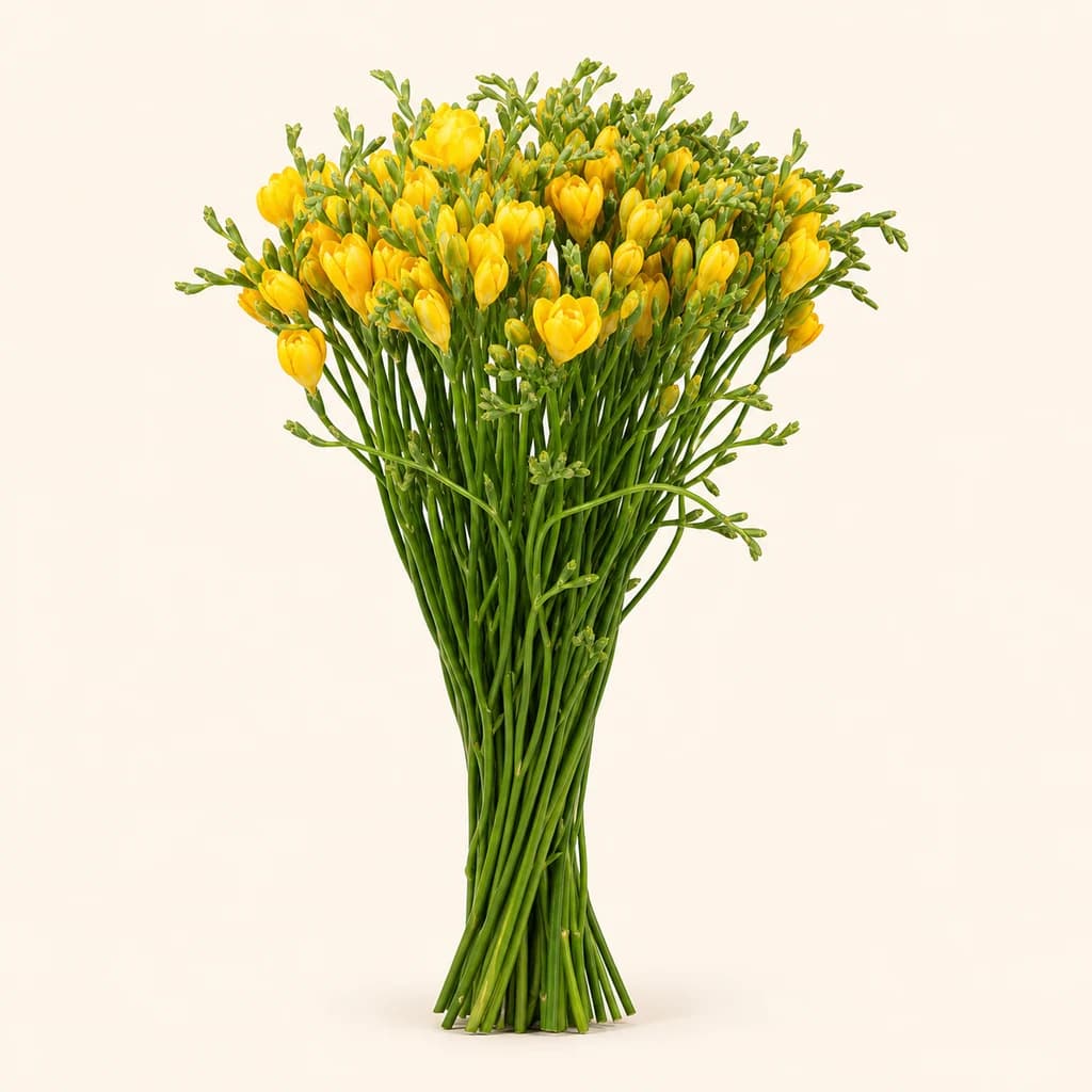 Ram de Freesia x hybrida (frèsia) doble groga Soleil