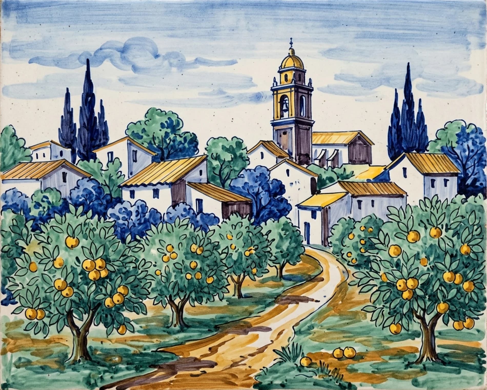 El poble des de l'horta — Gran foc sobre esmalt