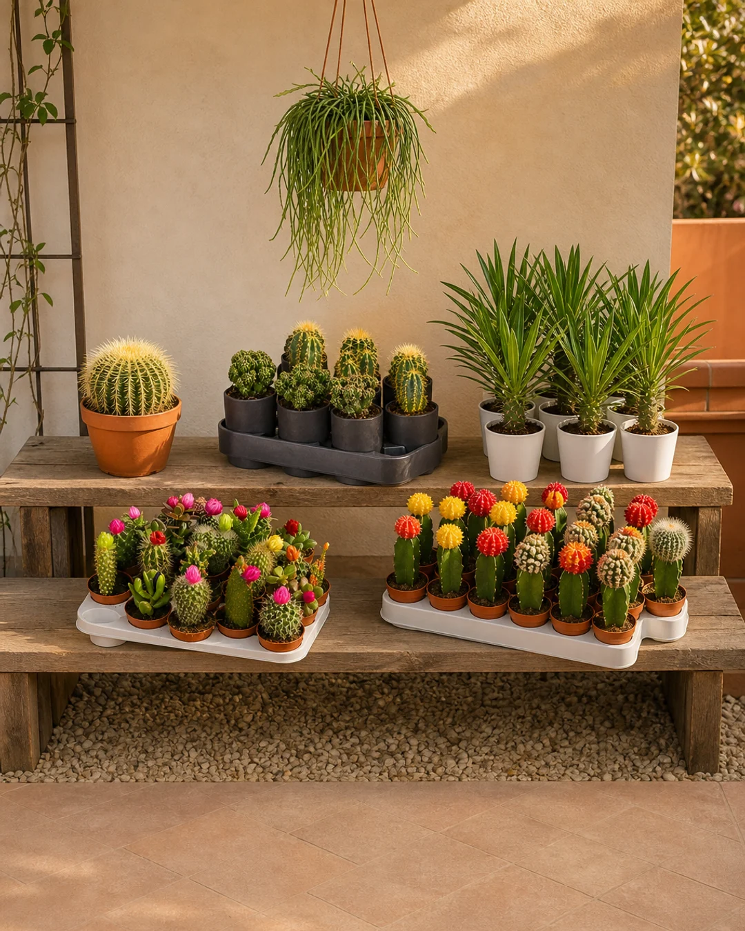 Cactus verds amb extrems roses, grocs i taronges en testos, al costat de plantes de fulles llargues i d’una planta penjant.