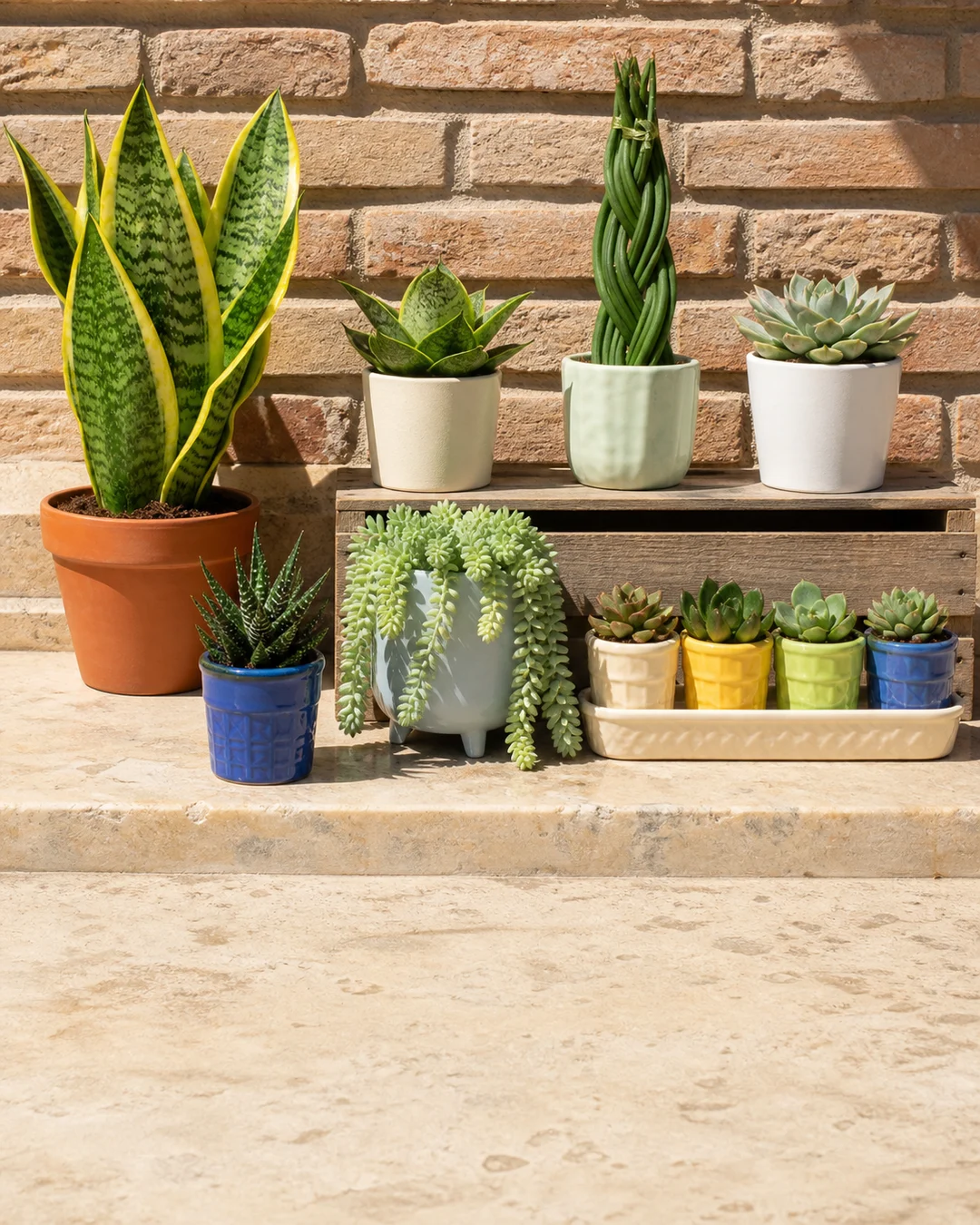 Suculentas de formas variadas en macetas de colores ante una pared de ladrillo, con hojas en roseta y tallos verticales y colgantes.